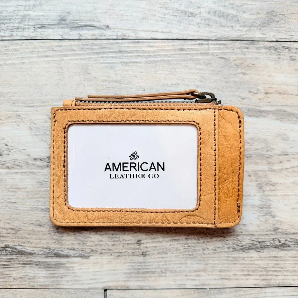 American Leather Co Tan Floral Embossed Leather Zip Card Holder ID Wallet
